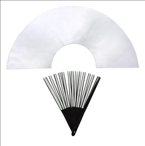 Blank sublimation clack fan with bamboo ribs, fully open and ready for custom heat press design — ideal for events, performers, and gifts.