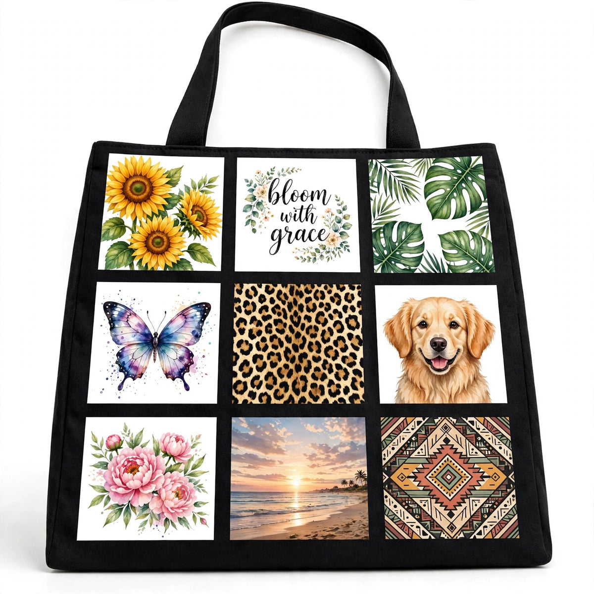 Mockup: black 9-panel sublimation tote bag with example colorful designs on each panel