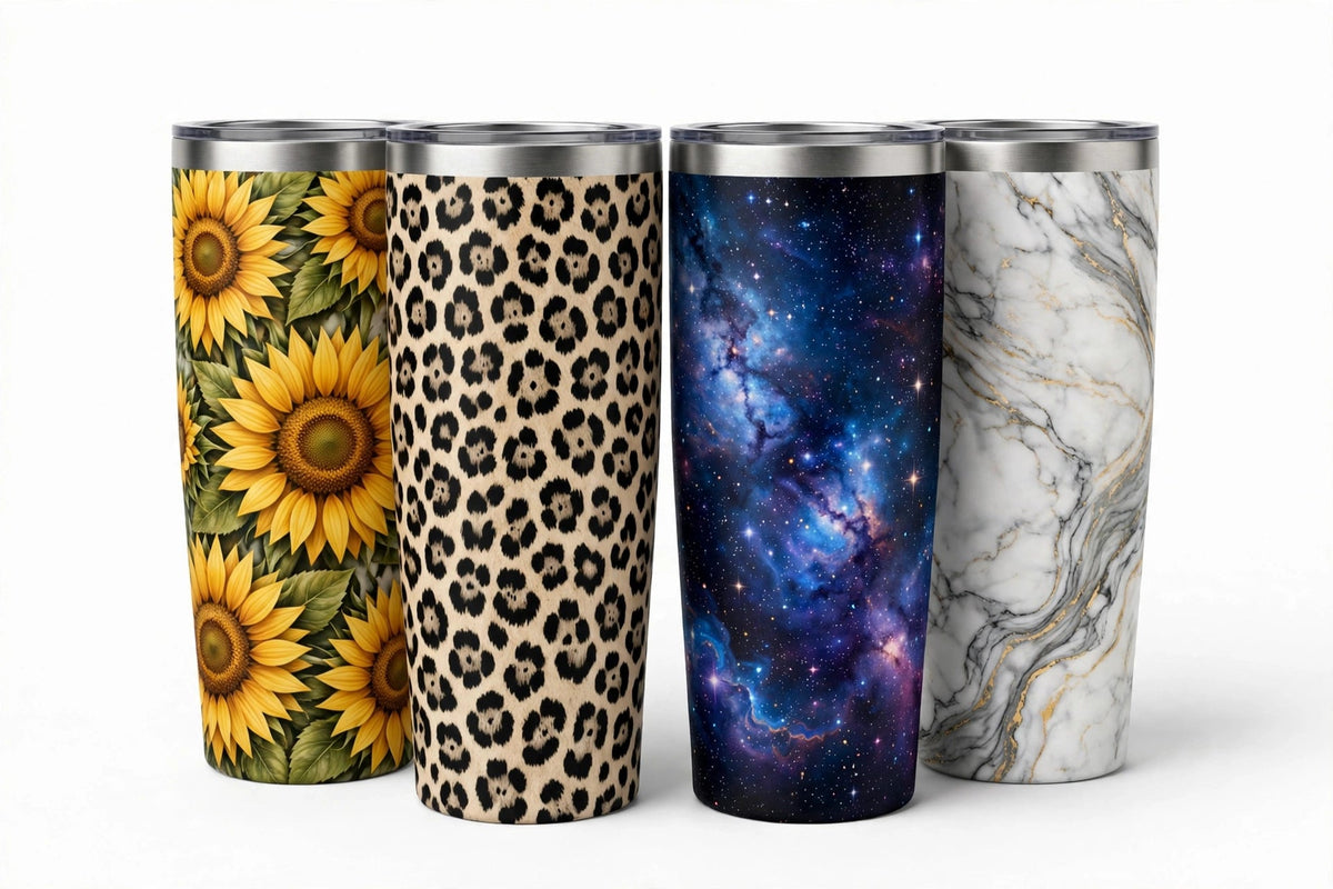 Mockup: 20 oz tumblers with finished sublimation designs - example designs for inspiration