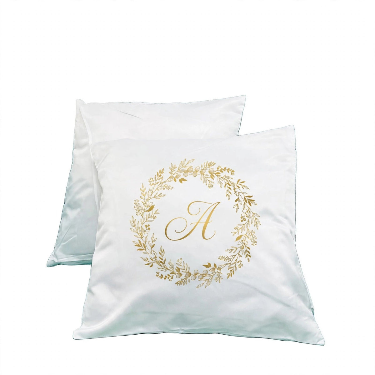 Mockup: white satin pillowcase with gold monogram example design - design idea for inspiration