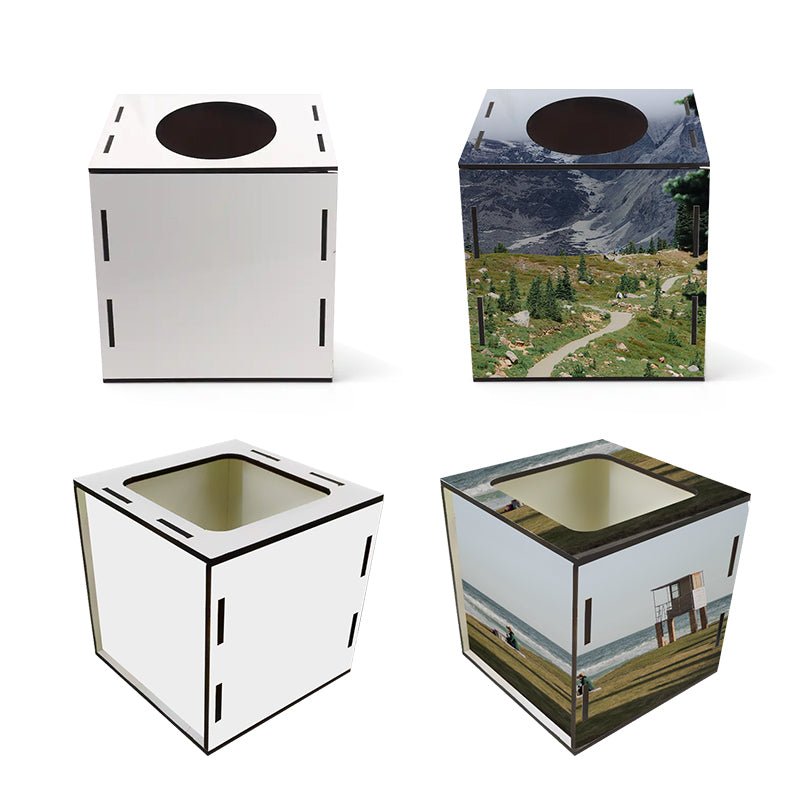 White sublimation tissue boxes, blank and printed with mountain and beach photos