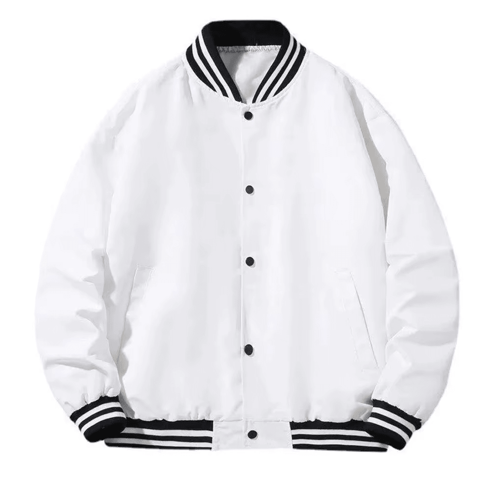 White and black varsity jacket polyester cotton blend front view
