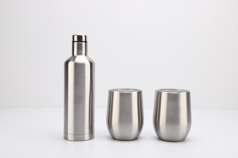 Stainless steel wine bottle with two stemless tumblers