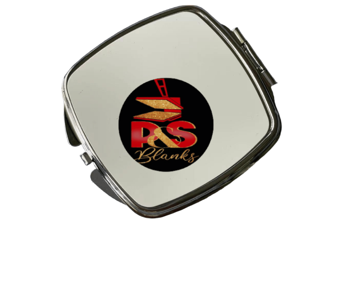 Square sublimation cosmetic mirror compact with P&S Blanks logo, angled view