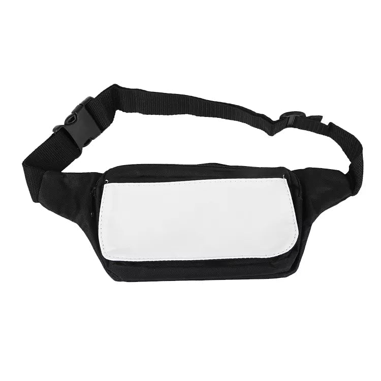 Black sublimation fanny pack with blank white front panel