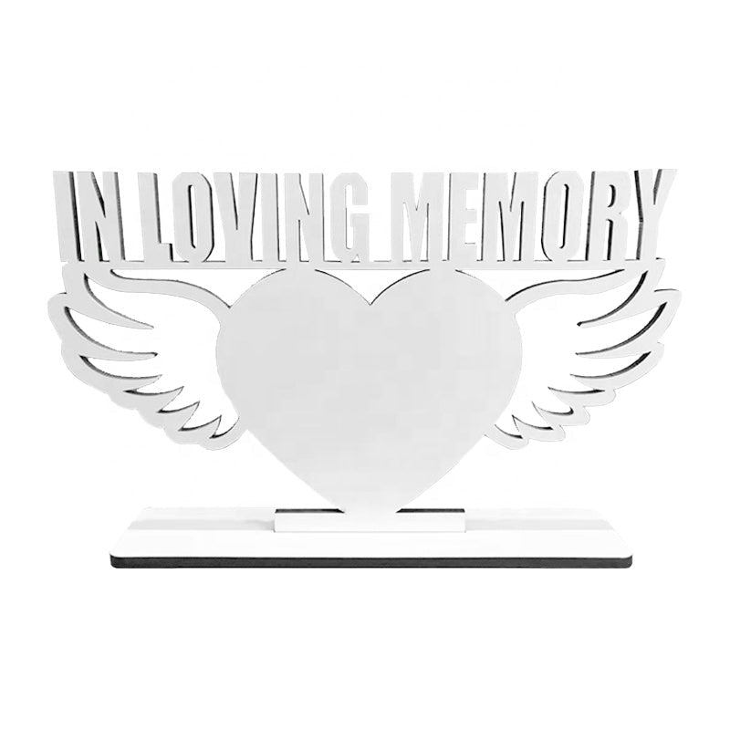 White In Loving Memory heart photo frame with angel wings on a stand
