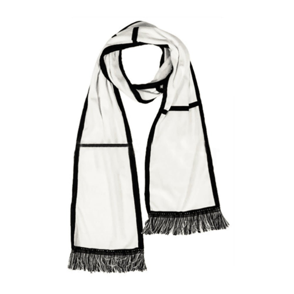 White sublimation scarf with black grid print panels and fringe