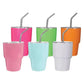 Six colorful 3 oz mini tumbler shot glasses in pink, green, orange, and white with stainless steel straws