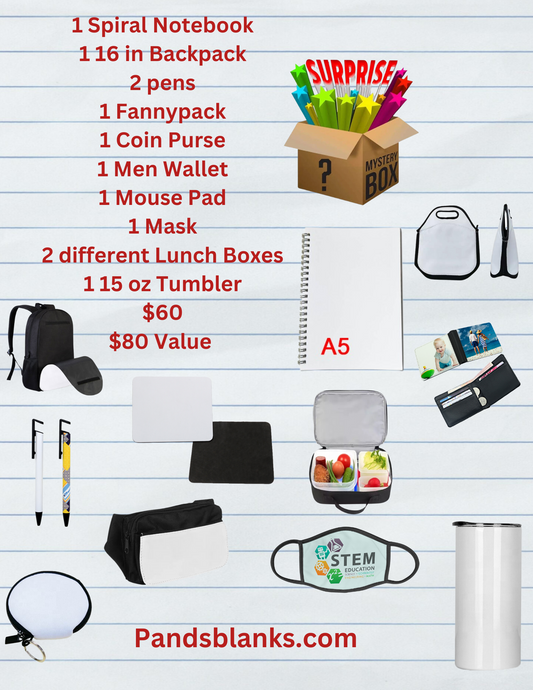An array of school supplies including a spiral notebook, a 16 inch backpack, two pens, a fannypack, a coin purse, a men wallet, a mouse pad, a mask, two different lunch boxes, a 15 oz tumbler, and a surprise item, all branded with the letter 'A'.