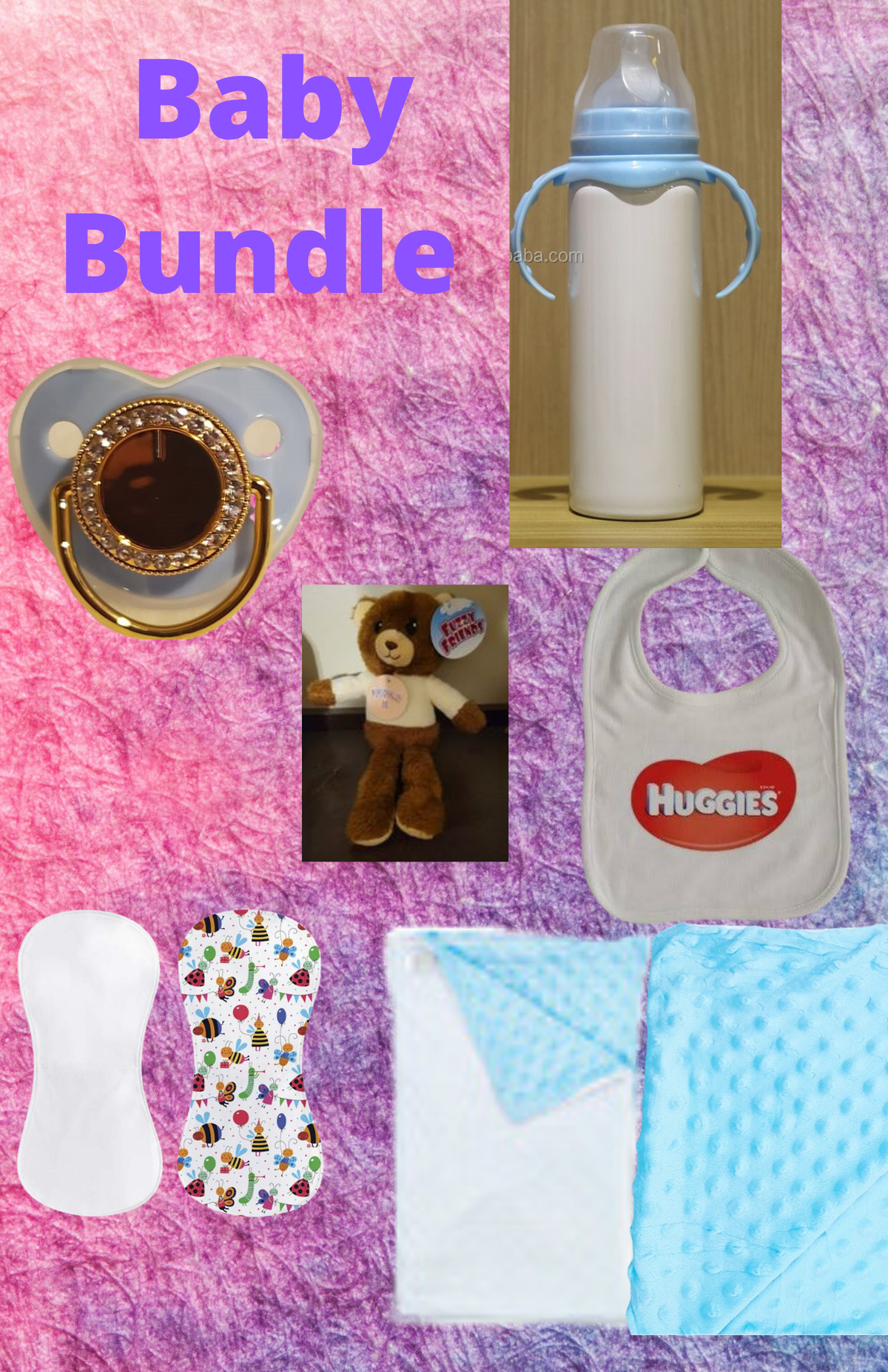 Baby bundle collage with pacifier, sippy bottle, teddy bear, bib, burp cloths, and blankets on a pink background