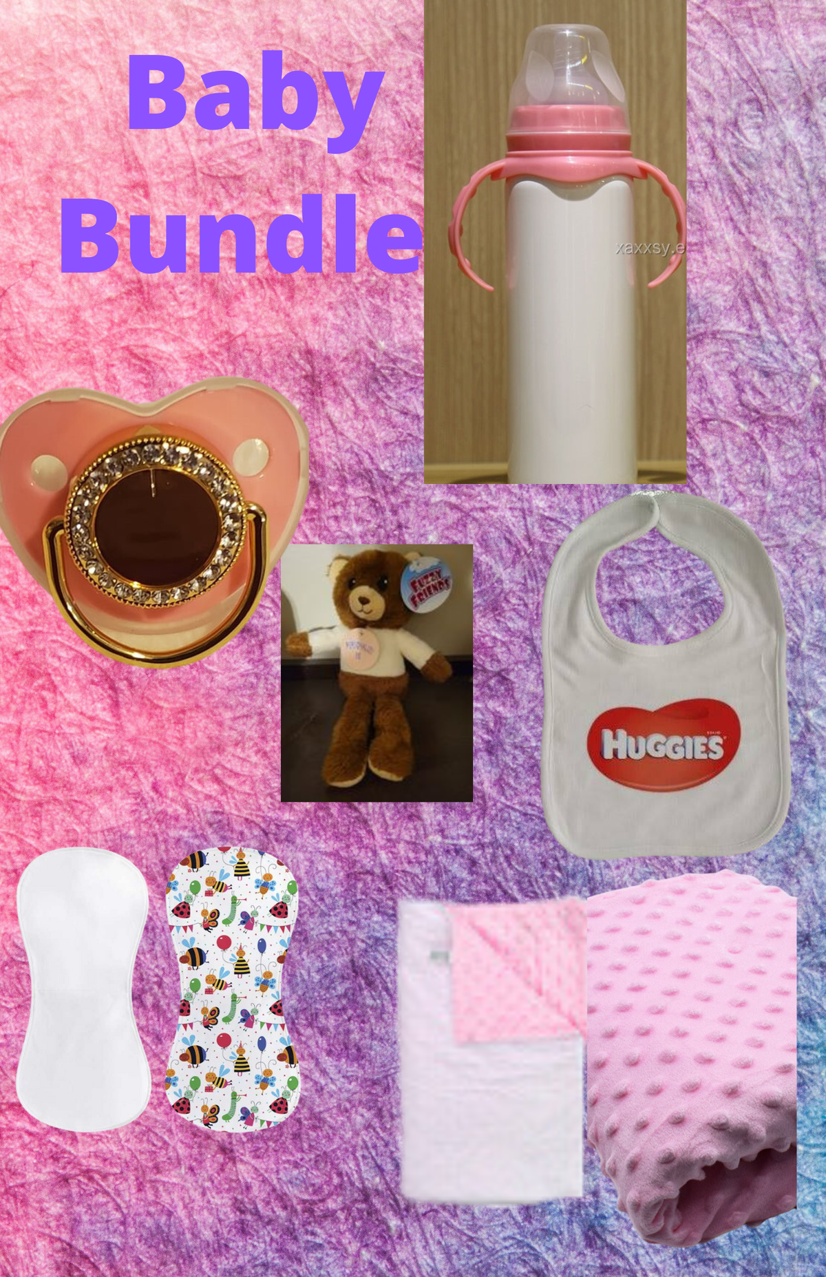 Sublimation baby gift bundle with pink sippy cup, rhinestone pacifier, teddy bear, baby bib, burp cloths, and pink minky blanket