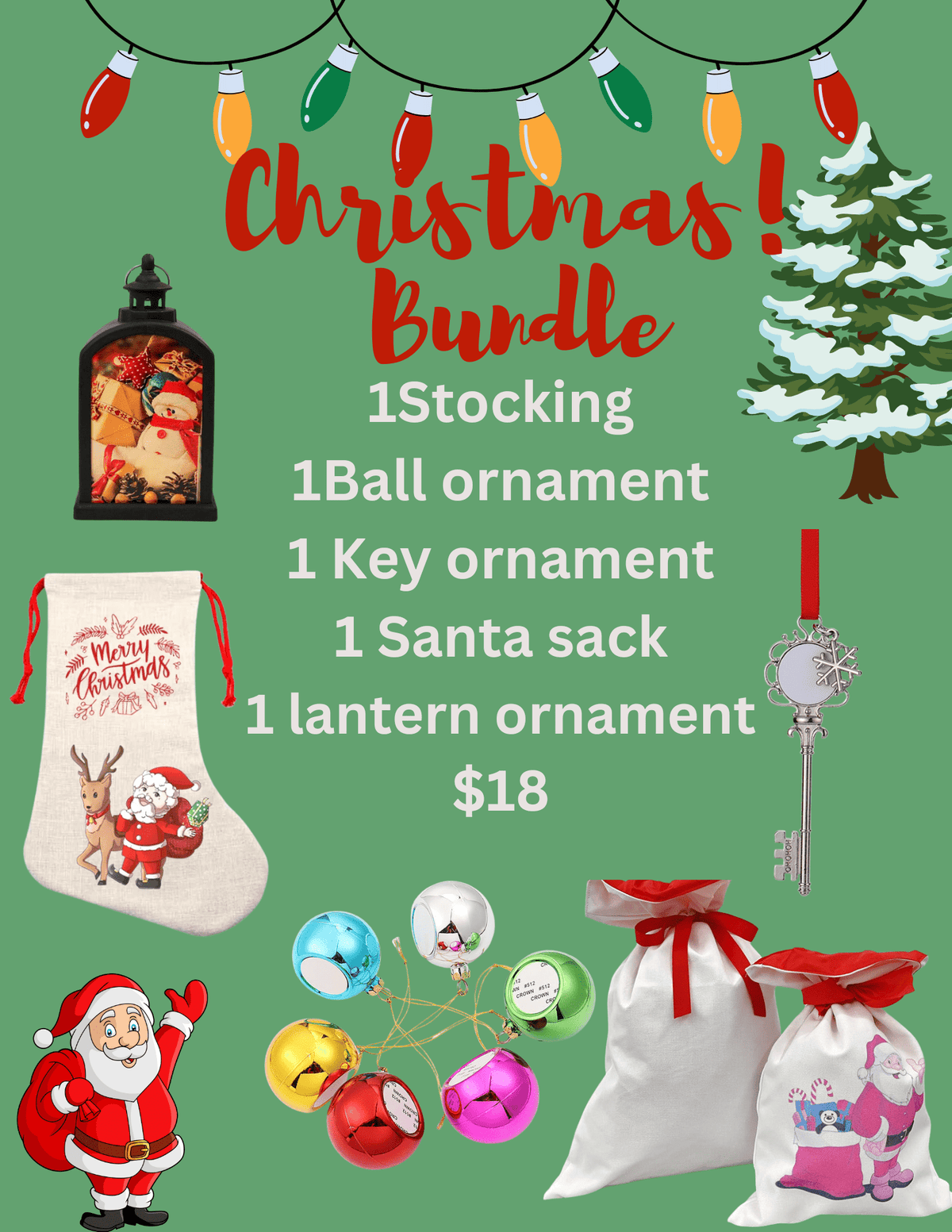 Sublimation Christmas bundle with stocking, ball ornaments, key ornament, Santa sacks, and lantern ornament