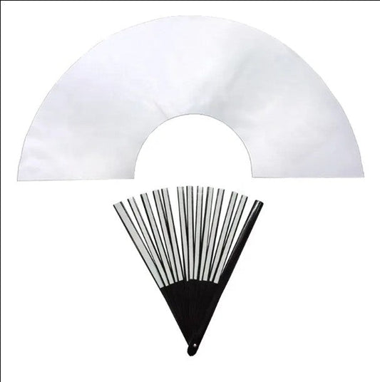 Blank sublimation clack fan with bamboo ribs, fully open and ready for custom heat press design — ideal for events, performers, and gifts.