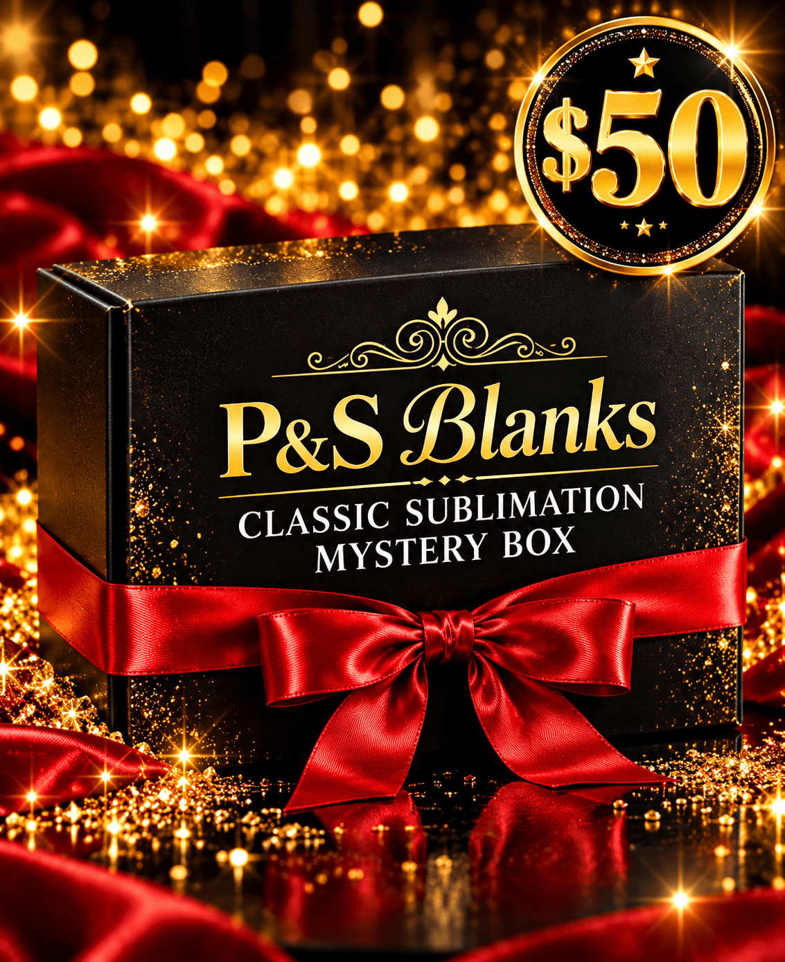 P&S Blanks Classic Sublimation Mystery Box, $50, featuring a black gift box with a red satin ribbon, gold lettering, and sparkling gold background. Contents vary.