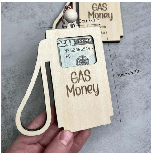 Natural wood gas tank money holder engraved with GAS Money text, 10 centimeters tall