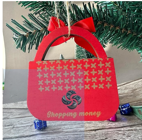 Red money card holder ornament engraved with a pinwheel design and Shopping money text