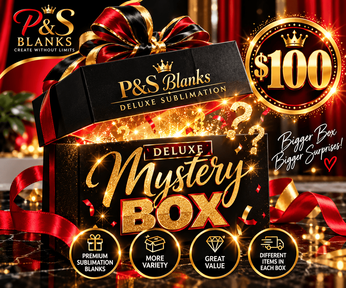 P&S Blanks $100 Deluxe Sublimation Mystery Box featuring a black gift box, red and gold ribbons, sparkling surprises, and assorted sublimation blanks.