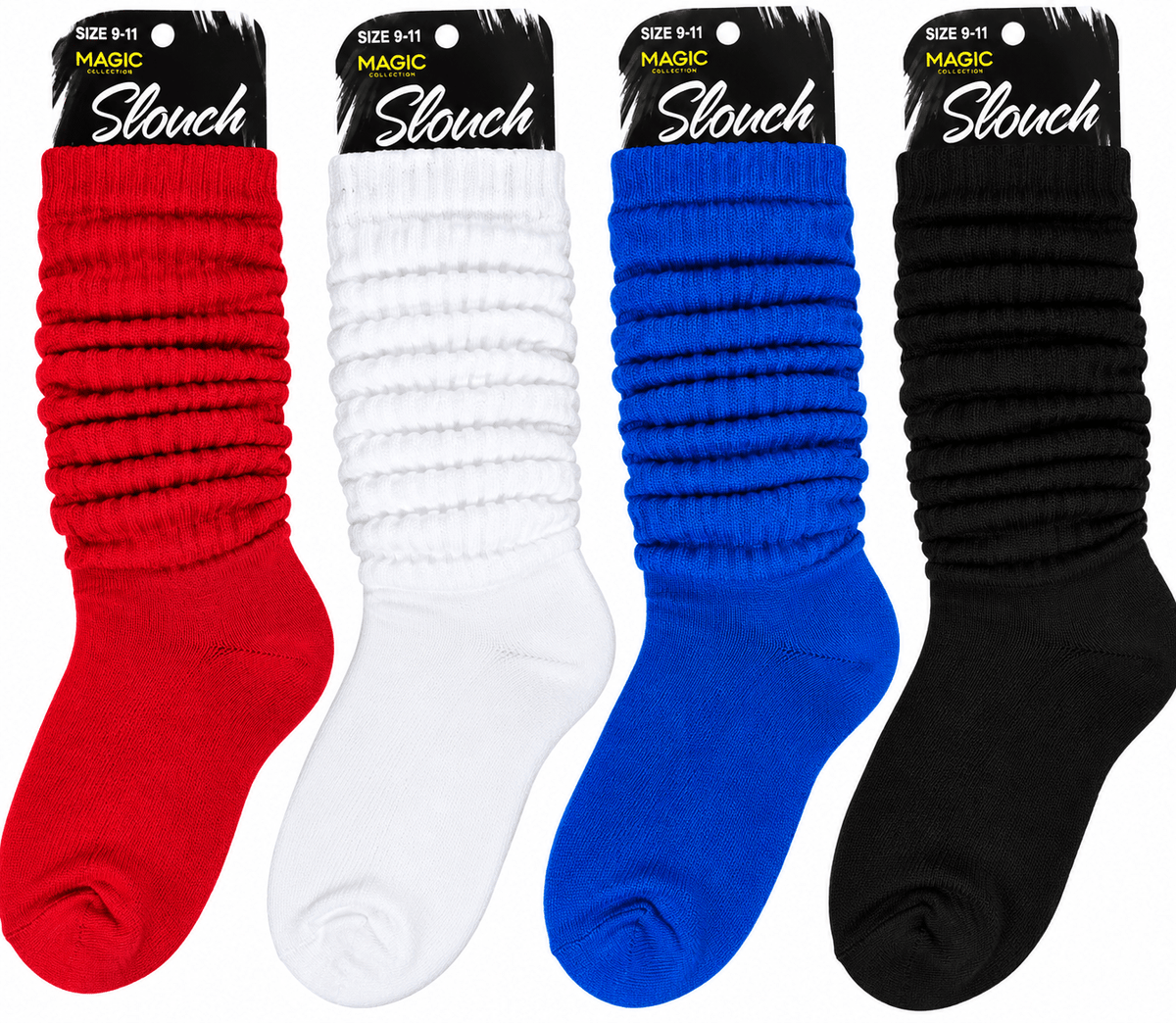 All four Magic Collection slouch socks colors, size 9–11