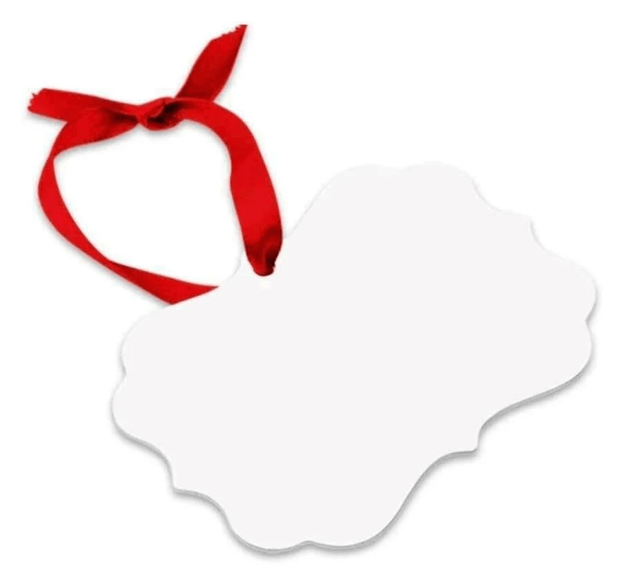 White scalloped MDF sublimation Christmas ornament blank with red ribbon