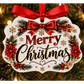 Design example: scalloped MDF Christmas ornament decorated with a Merry Christmas design with red bow, poinsettias, pine branches, and gold snowflakes, hanging on a Christmas tree. Ornament is sold blank.