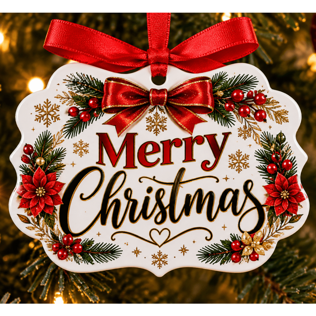 Design example: scalloped MDF Christmas ornament decorated with a Merry Christmas design with red bow, poinsettias, pine branches, and gold snowflakes, hanging on a Christmas tree. Ornament is sold blank.