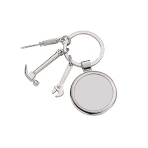 Silver tool keychain with round blank insert and miniature tools