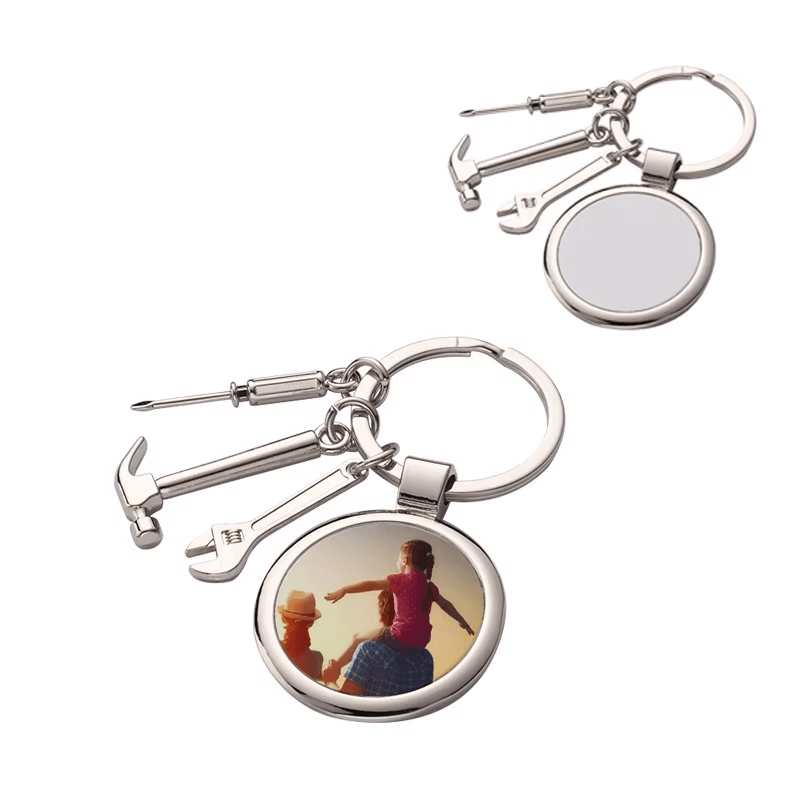 Blank tool keychain compared with a personalized photo example; customization not included