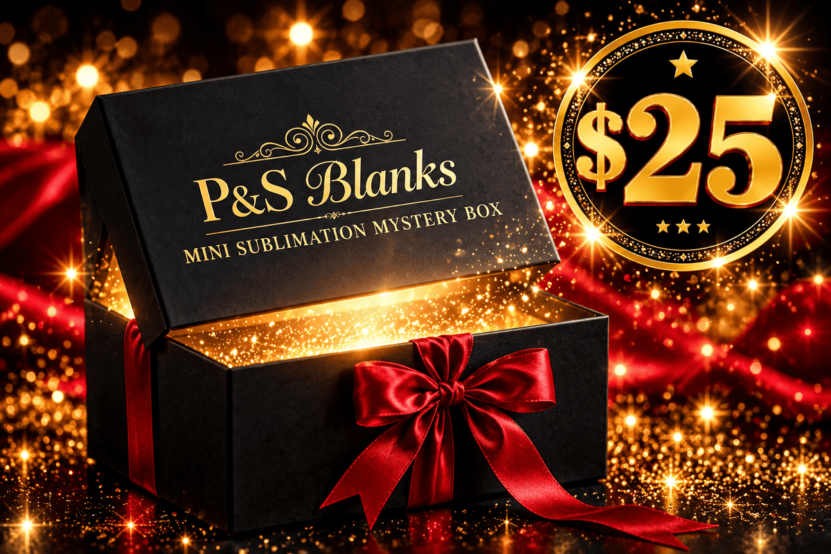 P&S Blanks Mini Sublimation Mystery Box — black gift box with red satin ribbon and gold lettering