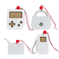 Four white wooden money holder ornaments shaped like a game console, purse, gas can, and gas pump with red beads and cords