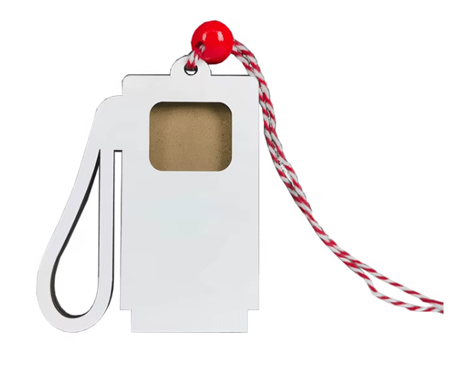 White gas pump money card holder with red bead and striped cord
