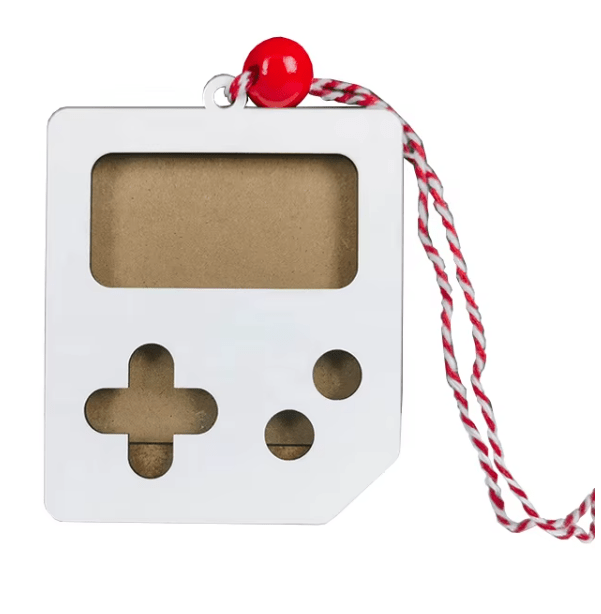 White money card holder shaped like a game controller with a red bead and cord