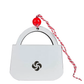 White purse money card holder with pinwheel cutout, red bead, and striped cord