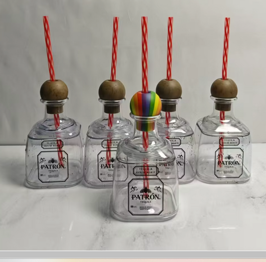  Blank plastic Patron-style cup with removable top and straw, ready for vinyl or sublimation customization — ideal for parties and gifts.