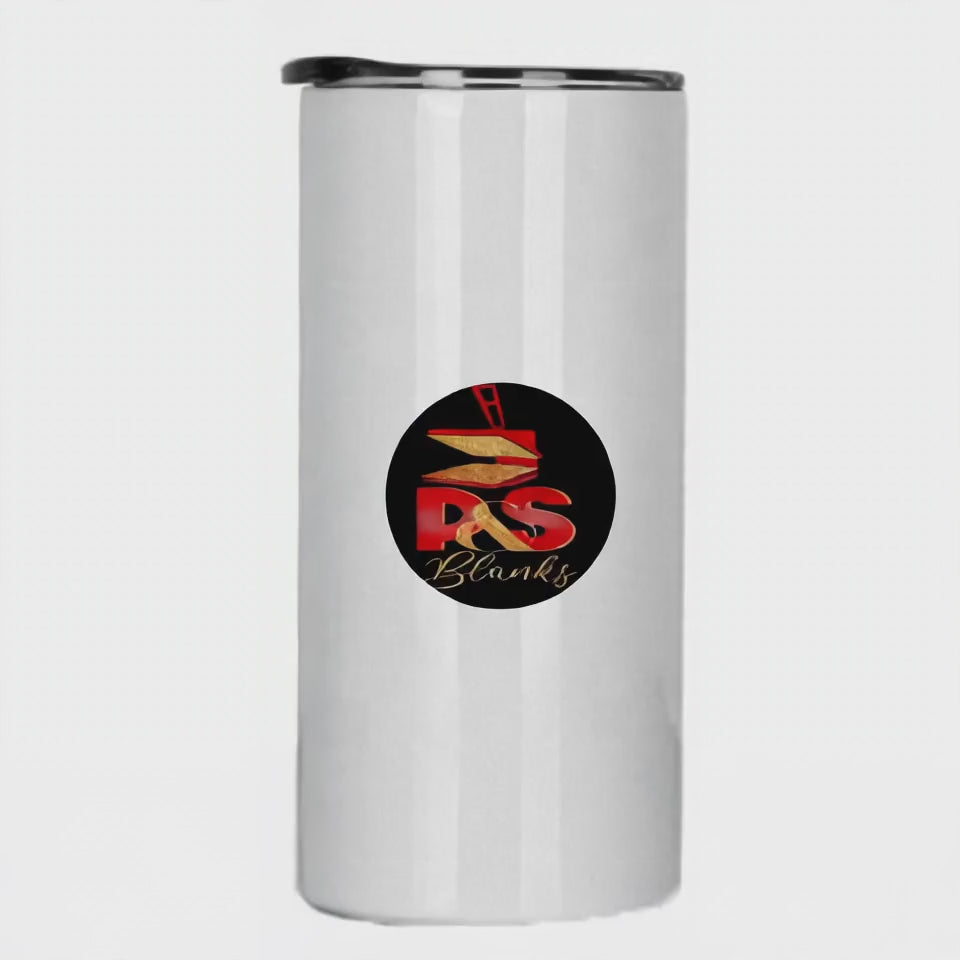 Mockup: 15oz straight skinny tumbler, rotating video showing example blue marble design for inspiration