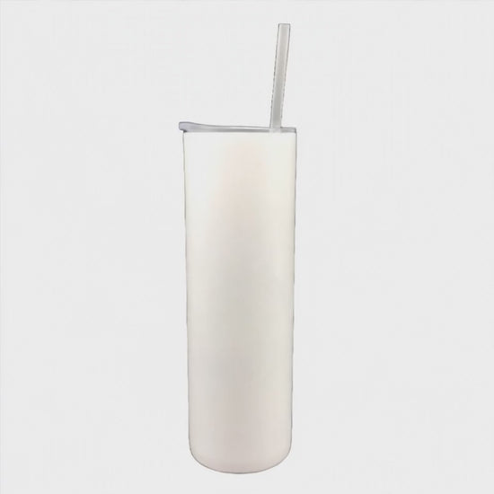 Mockup: 30oz skinny tumbler rotating video showing example design for inspiration