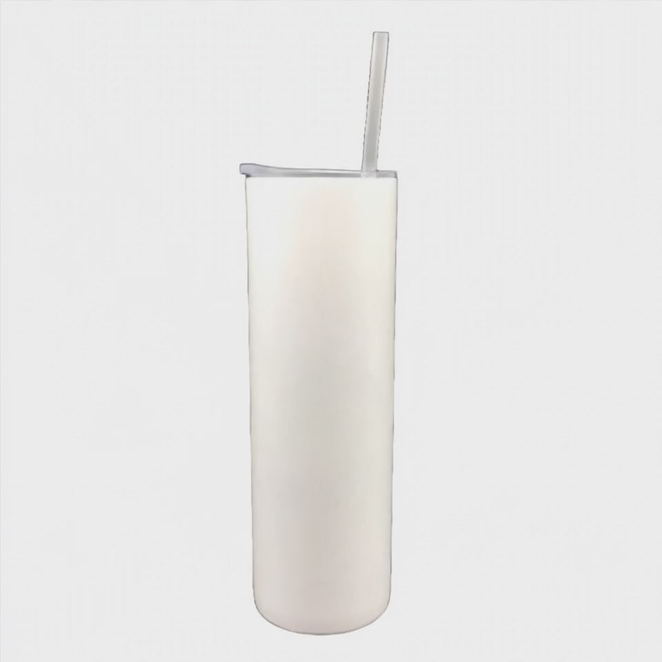 Mockup: 30oz skinny tumbler rotating video showing example design for inspiration