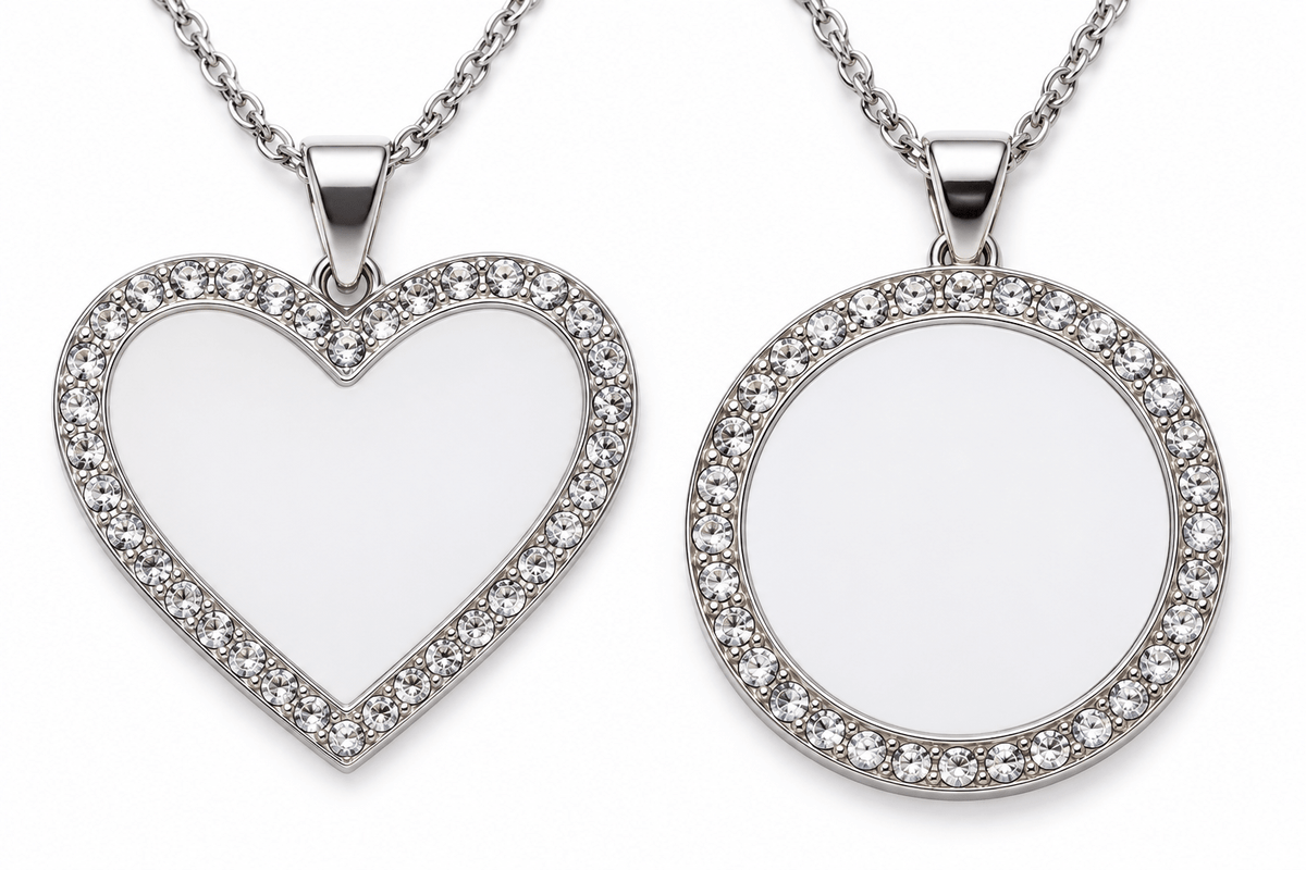 Illustrative studio image of heart and round rhinestone sublimation necklace blanks; refer to actual product photos for details