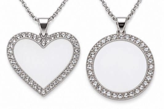 Illustrative studio image of heart and round rhinestone sublimation necklace blanks; refer to actual product photos for details