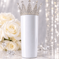 Illustrative styling example of silver rhinestone crown topper on a white tumbler; tumbler not included