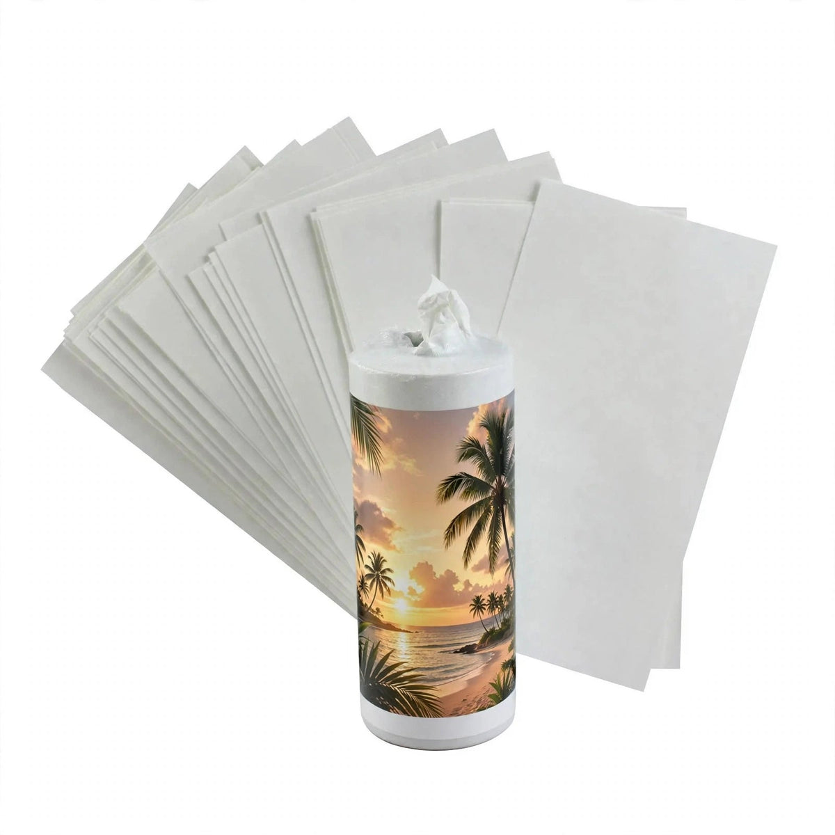 Mockup: Shot Glass Shrink wrap 3x5 with example tropical beach sunset design