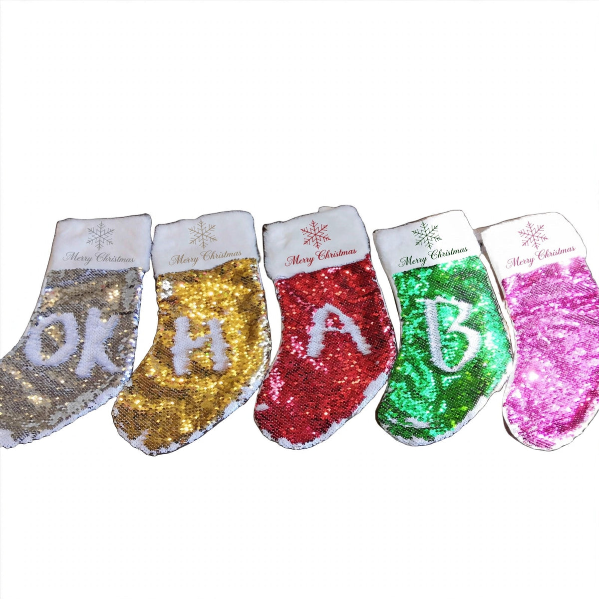 Mockup: sequin Christmas stocking with personalized snowflake design - example design for inspiration