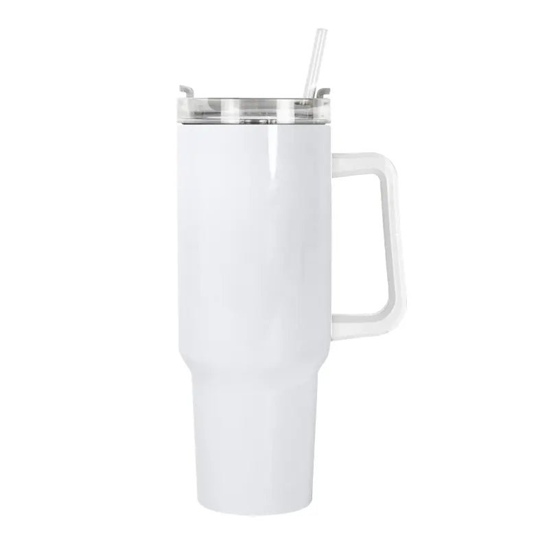 White sublimation 40 oz tumbler with handle and clear lid