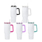 Five white 40 oz sublimation tumblers with handles in black, white, pink, purple, and teal with lids and straws
