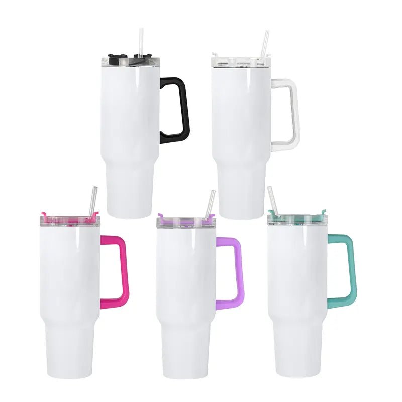 Five white 40 oz sublimation tumblers with handles in black, white, pink, purple, and teal with lids and straws