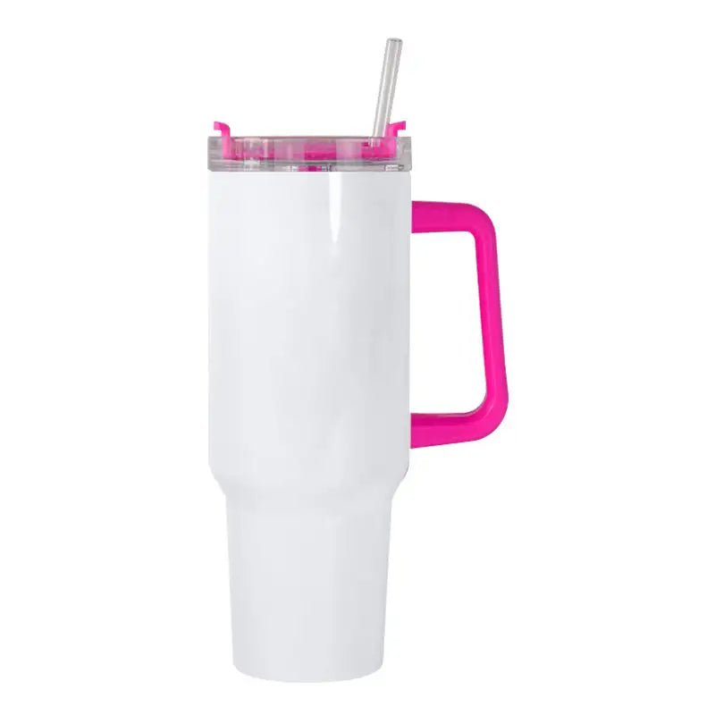 White sublimation 40 oz tumbler with pink handle and clear lid