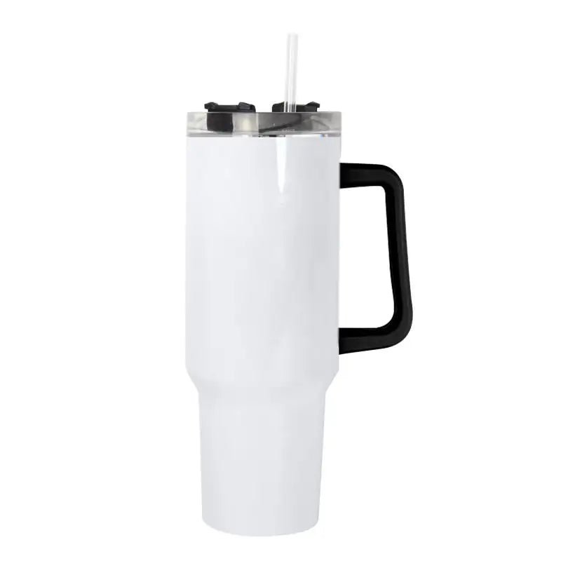White sublimation 40 oz tumbler with black handle and clear lid