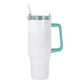 White sublimation 40 oz tumbler with teal handle and clear lid