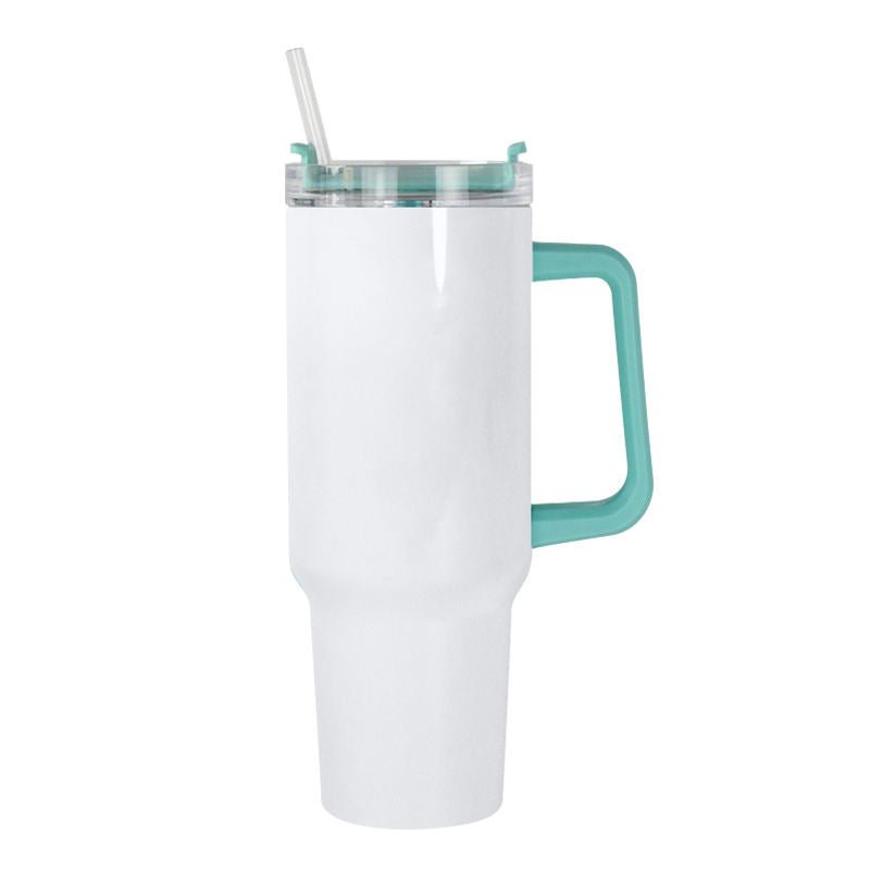 White sublimation 40 oz tumbler with teal handle and clear lid