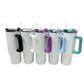 White sublimation 40 oz tumblers with black, white, purple, light blue, and teal handles