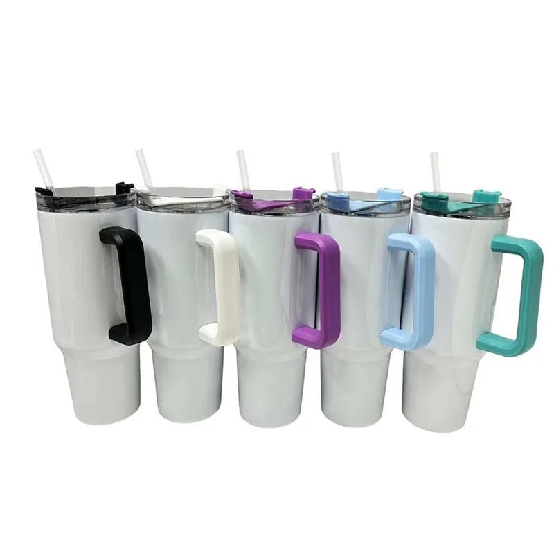 White sublimation 40 oz tumblers with black, white, purple, light blue, and teal handles